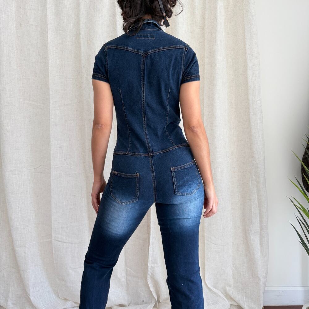 Vintage Y2K Denim Jumpsuit Medium Flare Low Rise Belted Zip Front Britney JLo - Picture 4 of 12